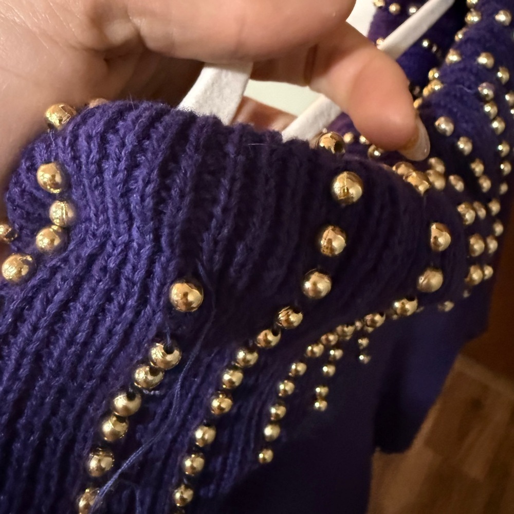 Vintage Purple Studded Knit Sweater Beaded Collar Size M - Picture 9 of 12